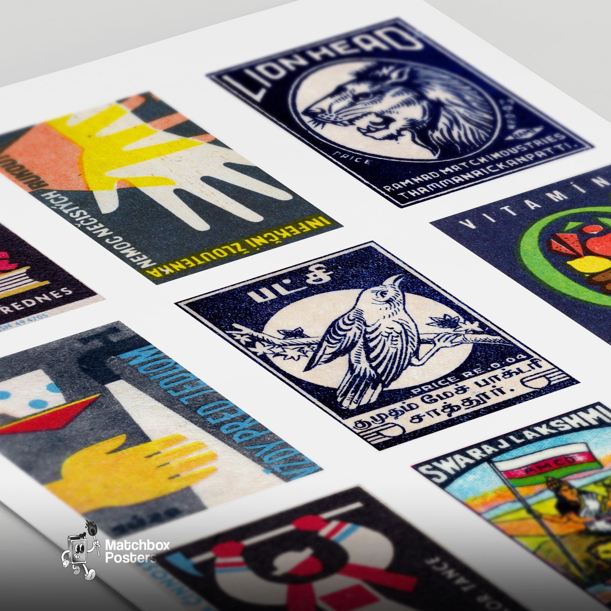 Dark Blues Grid Print - vintage matchbox label print - close-up detail