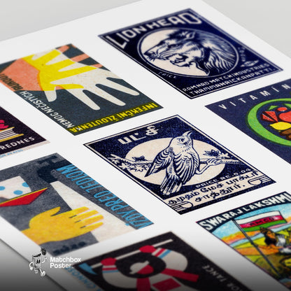 Dark Blues Grid Print - vintage matchbox label print - close-up detail