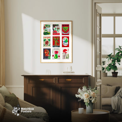 Red and Greens Grid Print - vintage matchbox label print - framed wall art preview