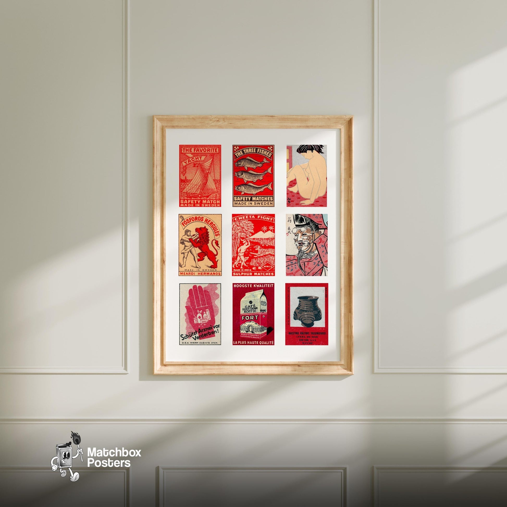 Red and Beiges Grid Print - vintage matchbox label print - living room mockup