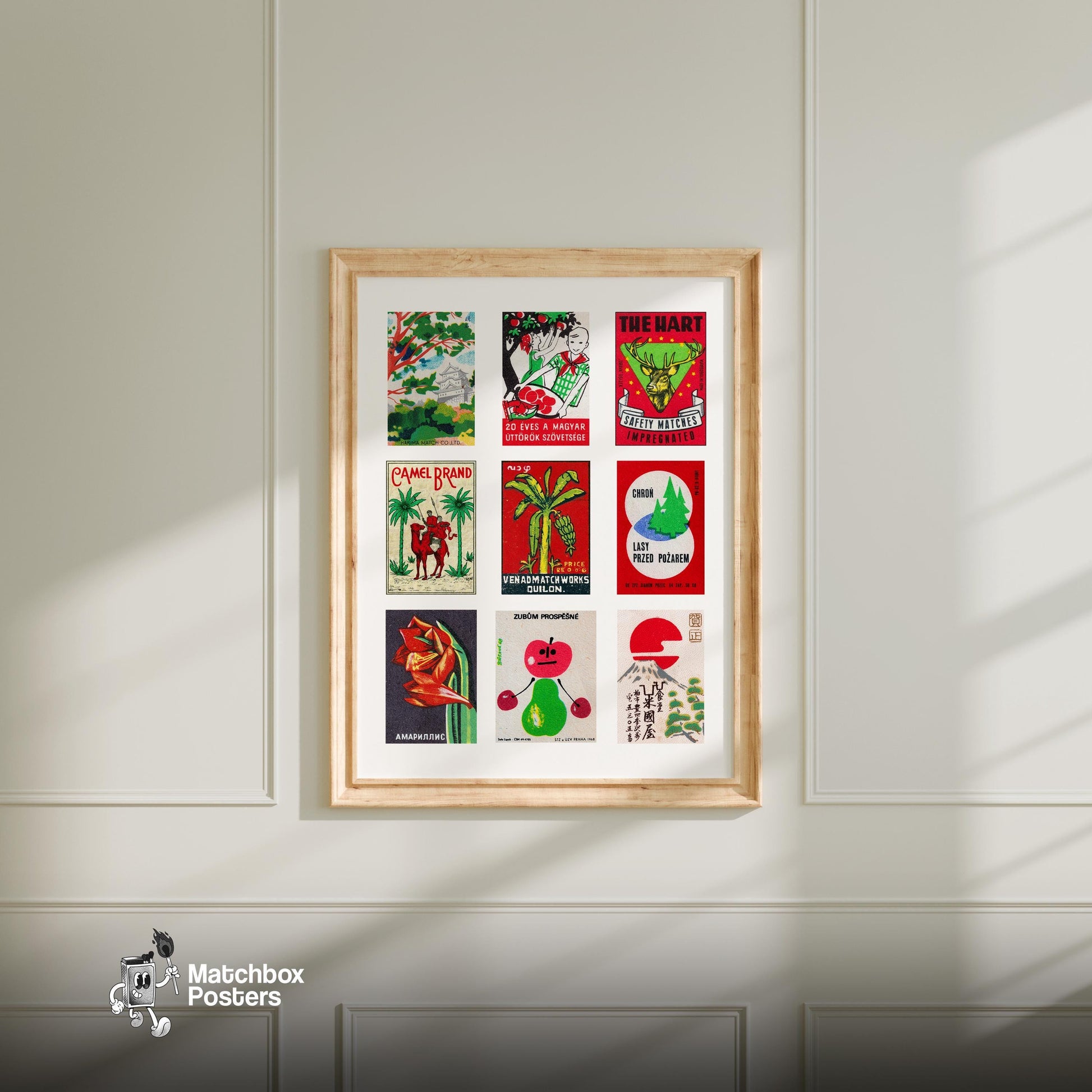 Red and Greens Grid Print - vintage matchbox label print - living room mockup