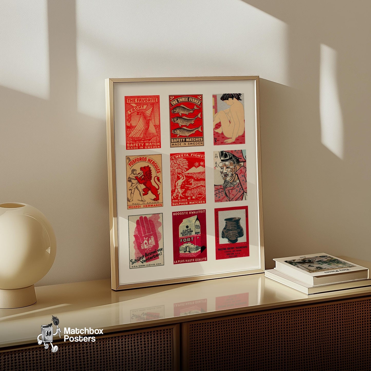 Red and Beiges Grid Print - vintage matchbox label print - bedroom mockup