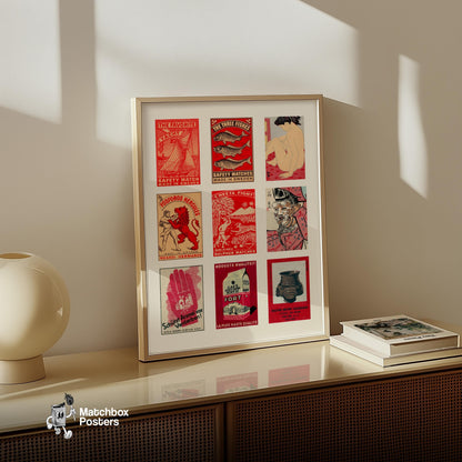 Red and Beiges Grid Print - vintage matchbox label print - bedroom mockup
