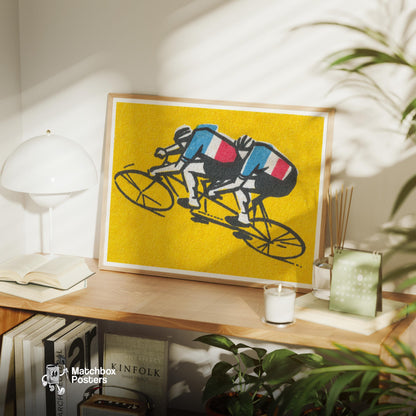Tandem Cyclists - vintage matchbox label print - office wall