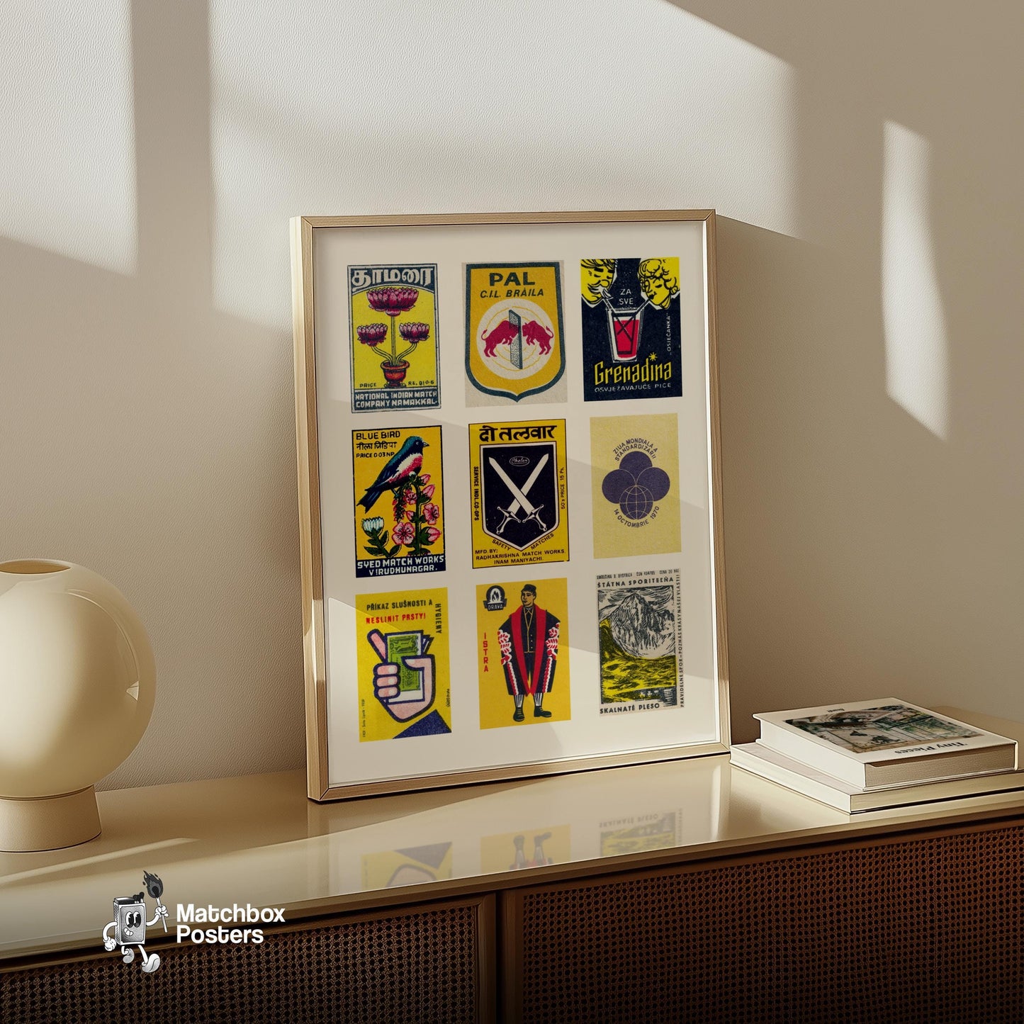 Yellow and Dark Blues Grid Print - vintage matchbox label print - bedroom mockup