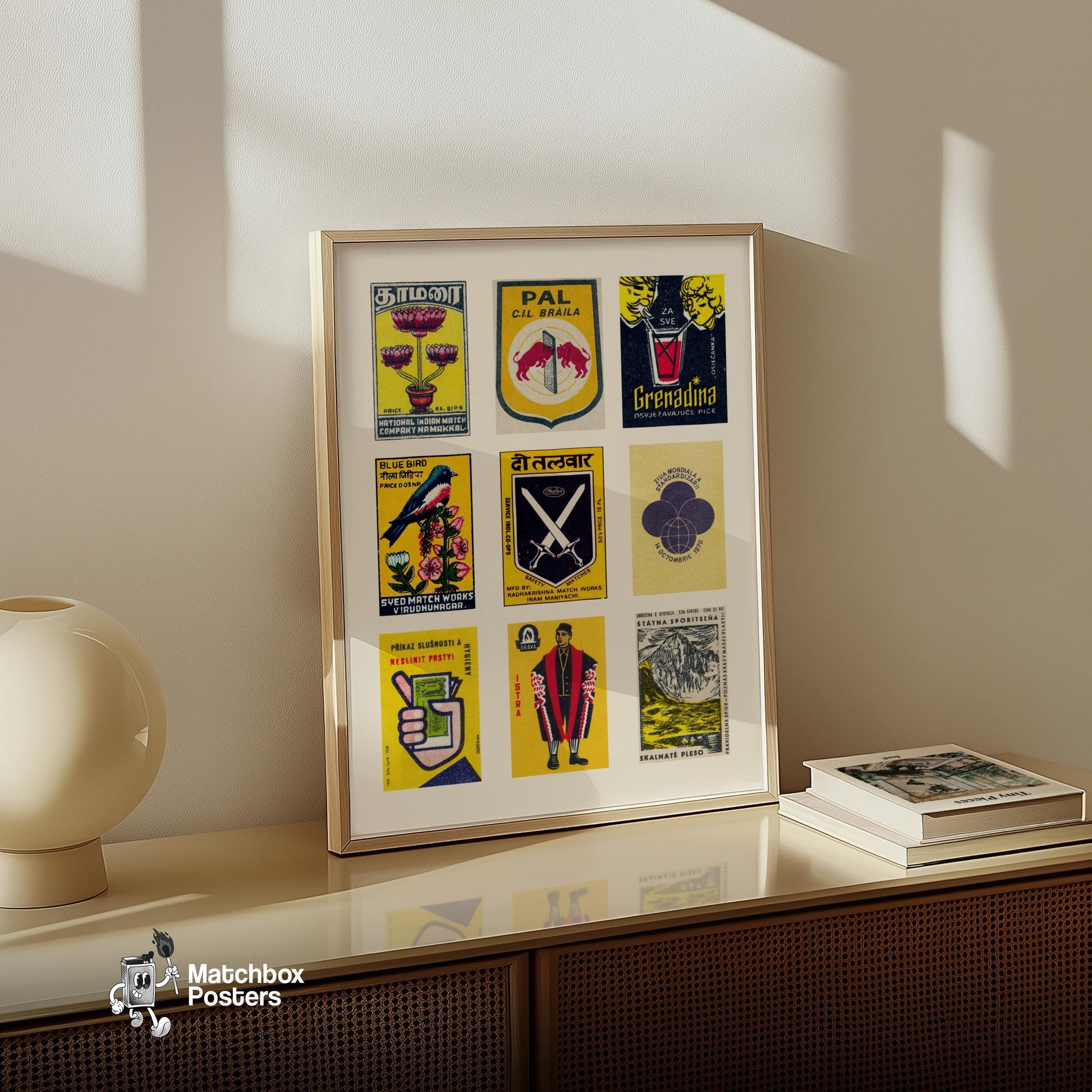 Yellow and Dark Blues Grid Print - vintage matchbox label print - bedroom mockup