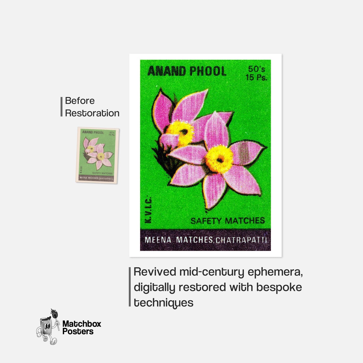 Pink Flowers - vintage matchbox label print - framed wall art preview