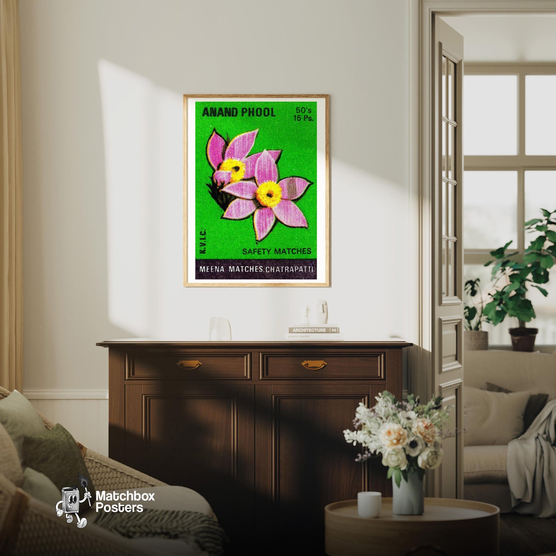 Pink Flowers - vintage matchbox label print - living room mockup