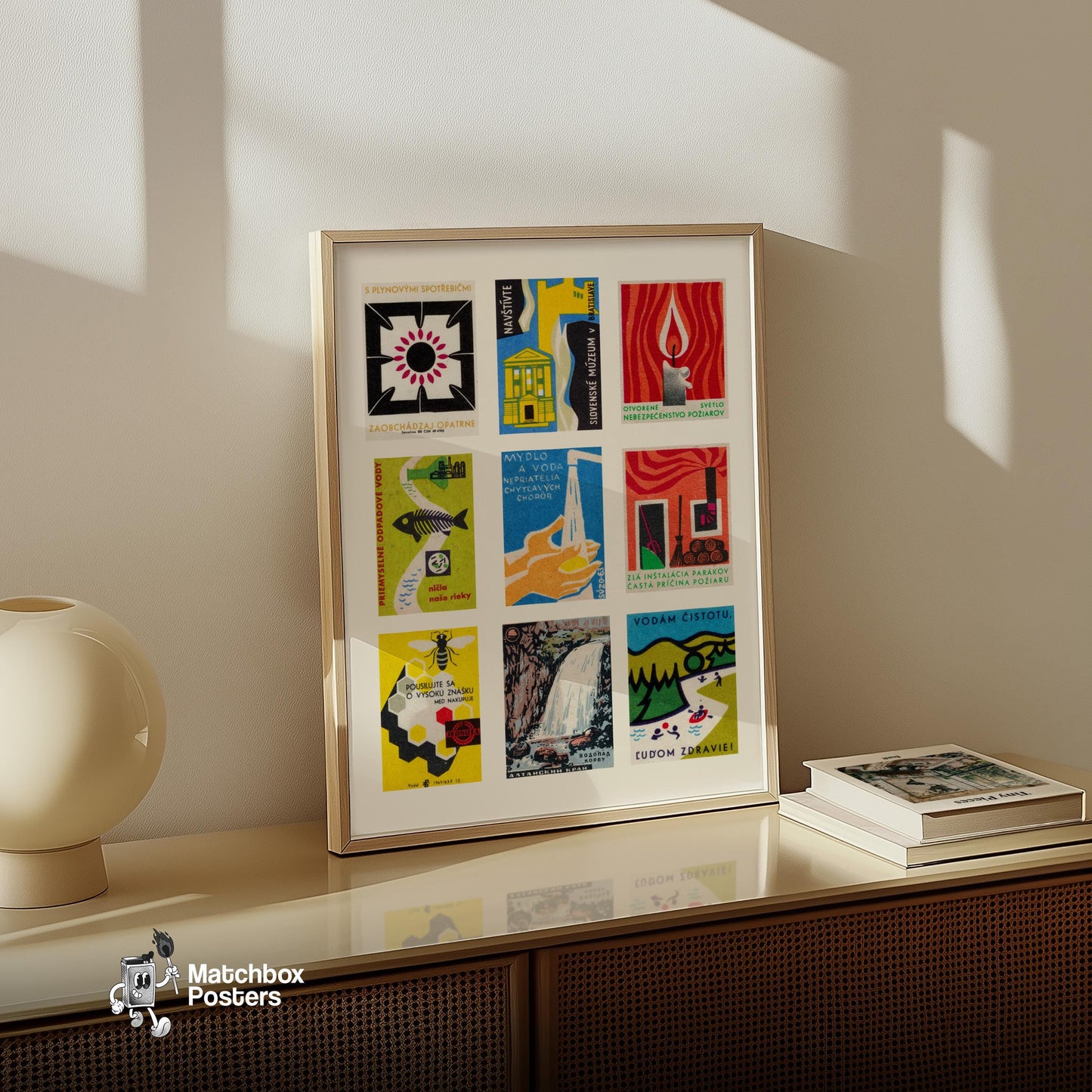 Slovak Collage - vintage matchbox label print - bedroom mockup