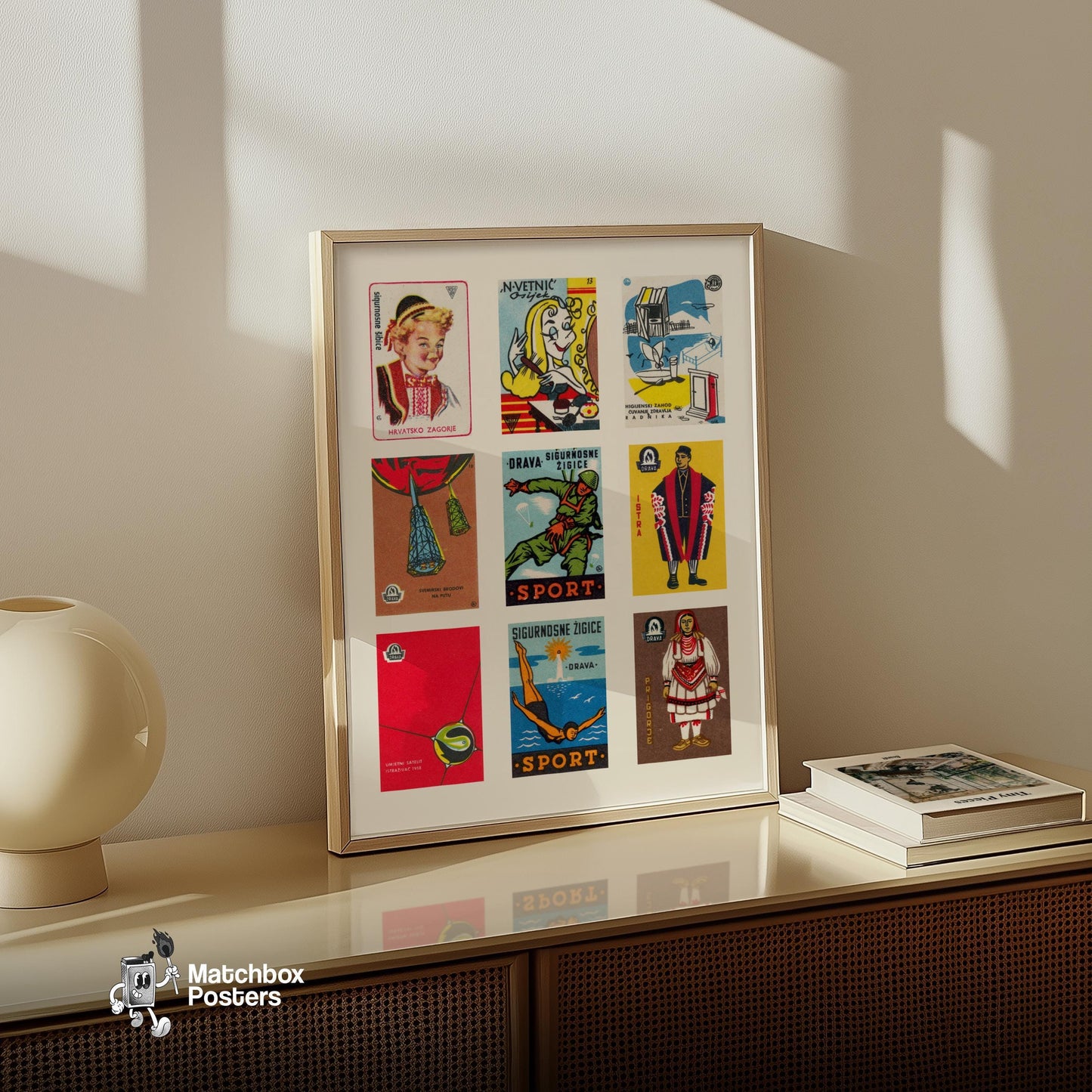 Croatians Grid Print - vintage matchbox label print - bedroom mockup