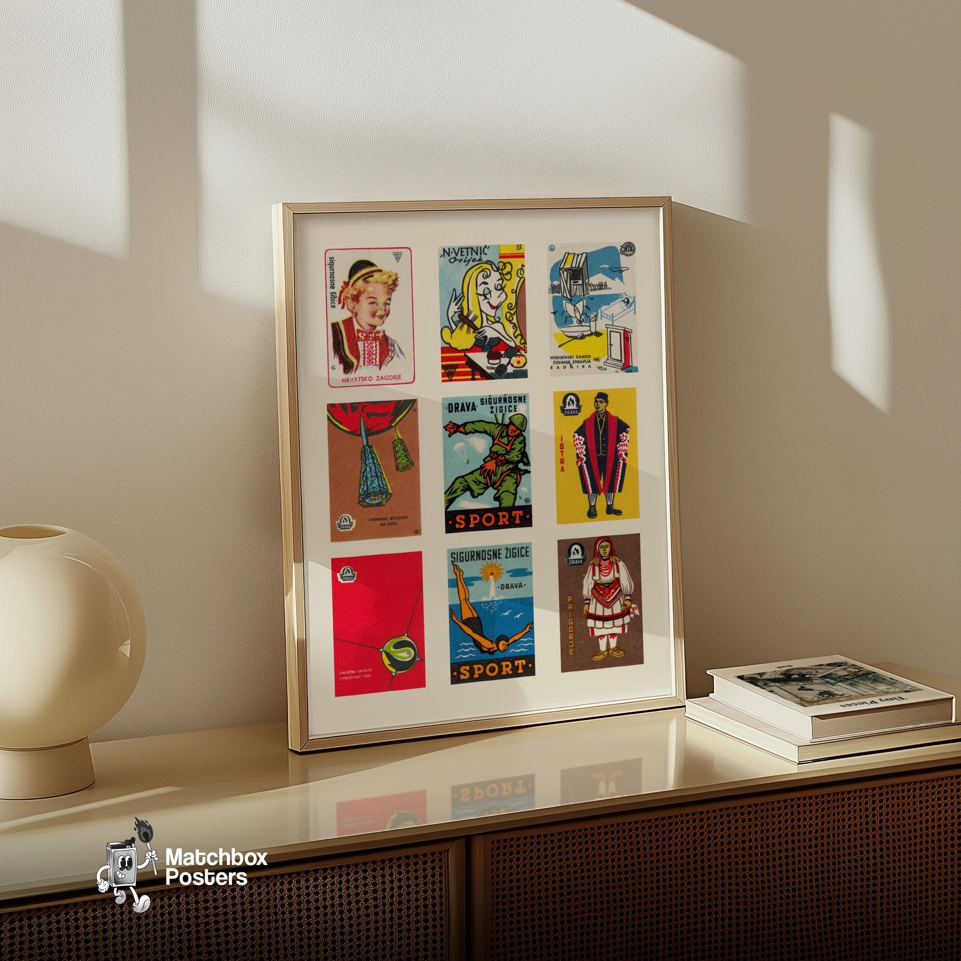 Croatians Grid Print - vintage matchbox label print - bedroom mockup