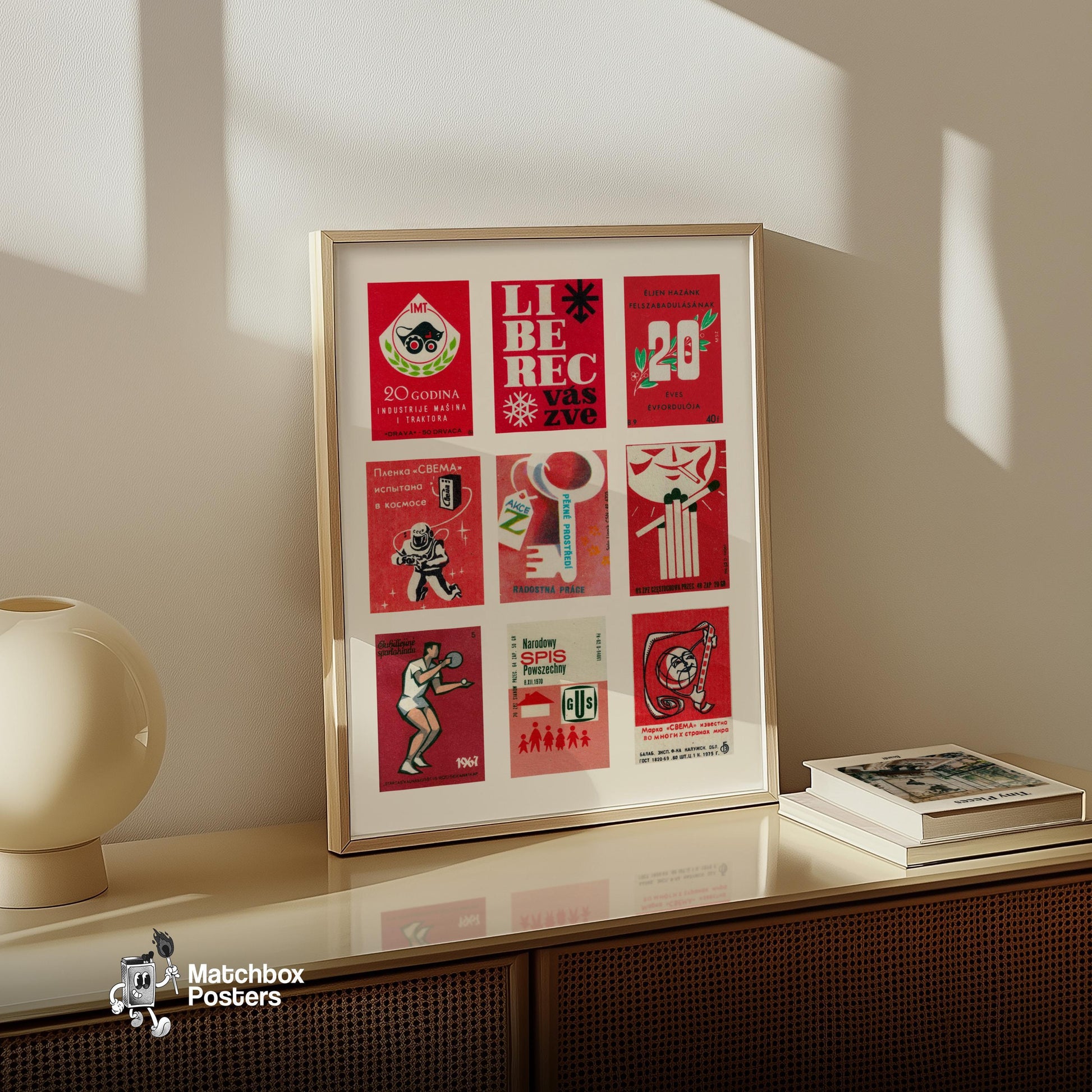 Red and Whites Grid Print - vintage matchbox label print - bedroom mockup
