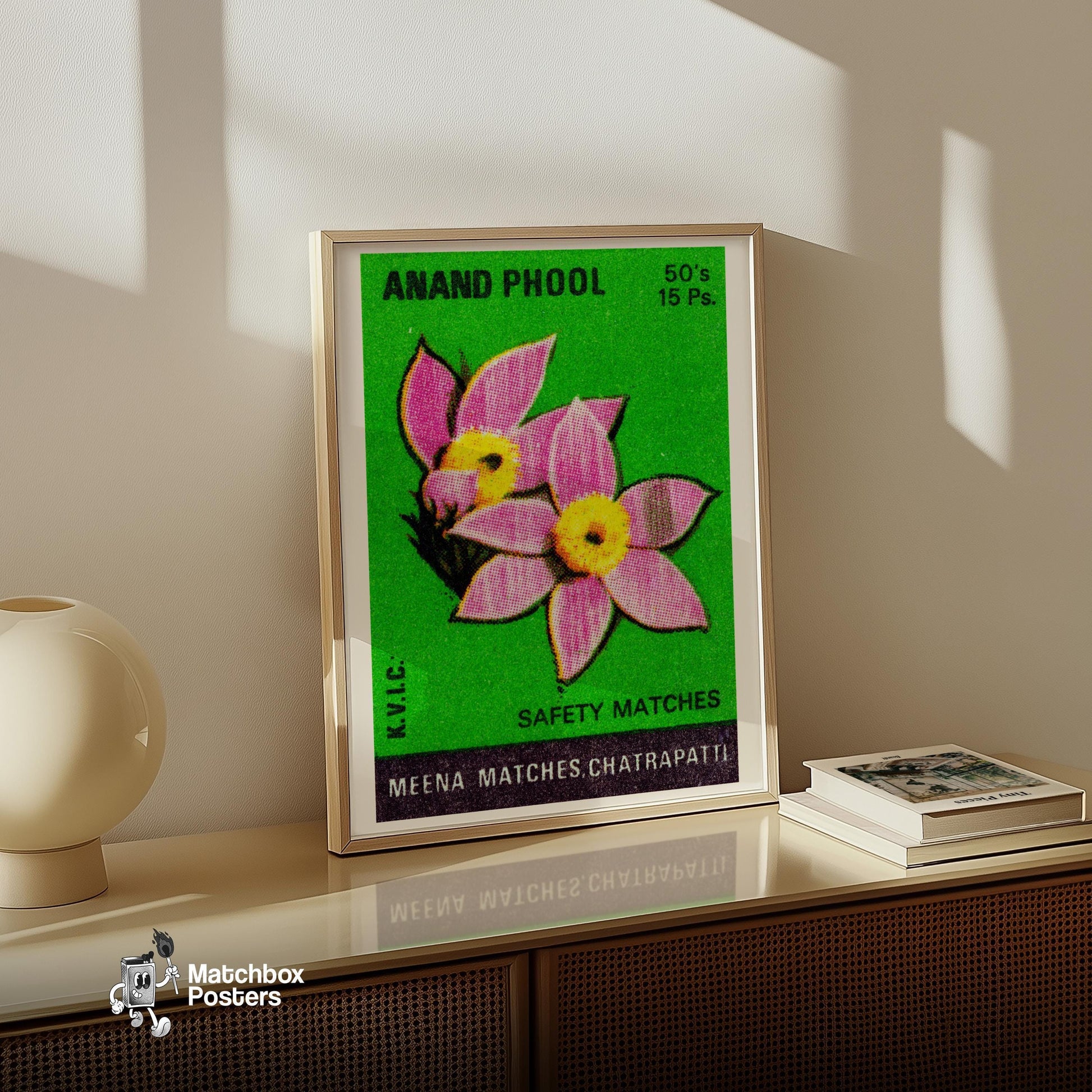 Pink Flowers - vintage matchbox label print - size comparison