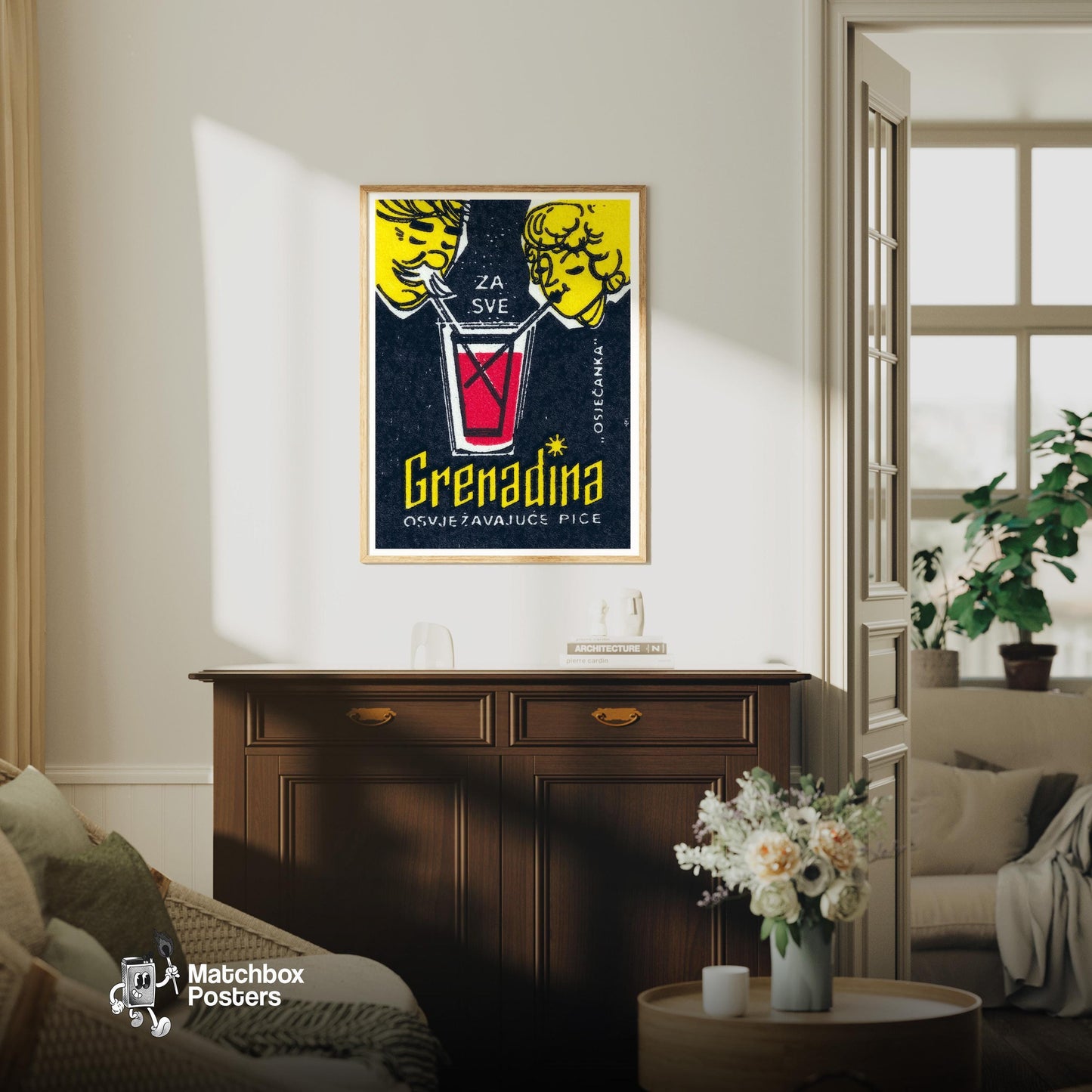 Grenadine Drink - vintage matchbox label print - living room mockup