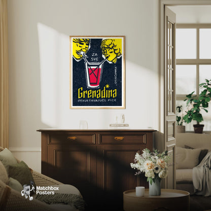 Grenadine Drink - vintage matchbox label print - living room mockup