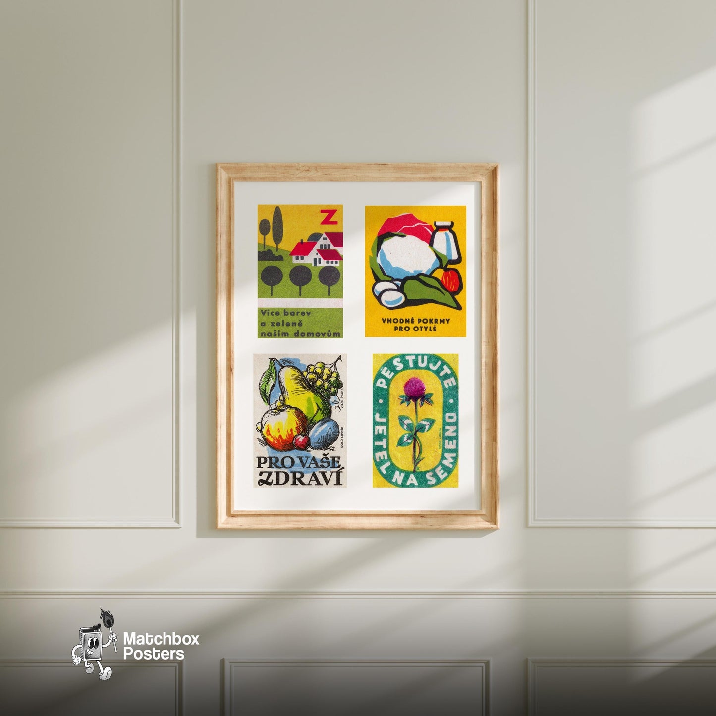 Yellow & Greens Grid Print - vintage matchbox label print - living room mockup