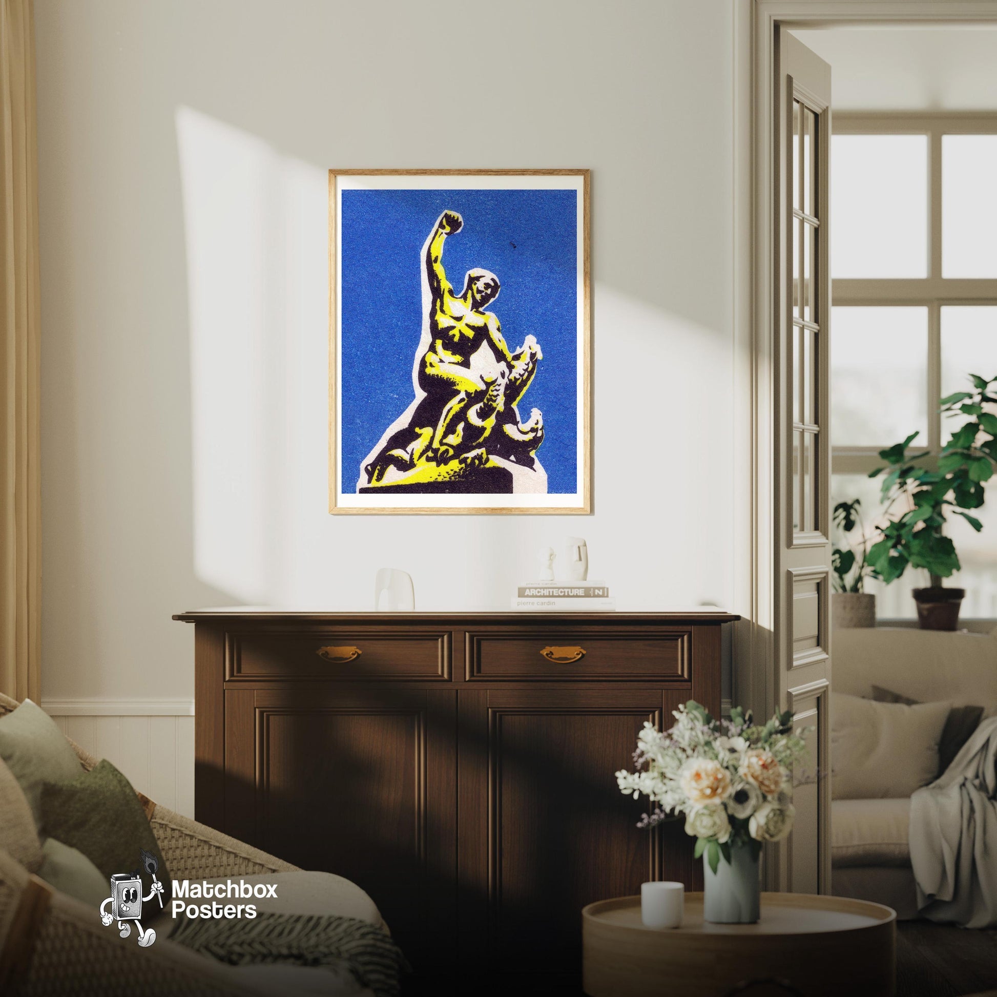 Statue Of A Person - vintage matchbox label print - living room mockup