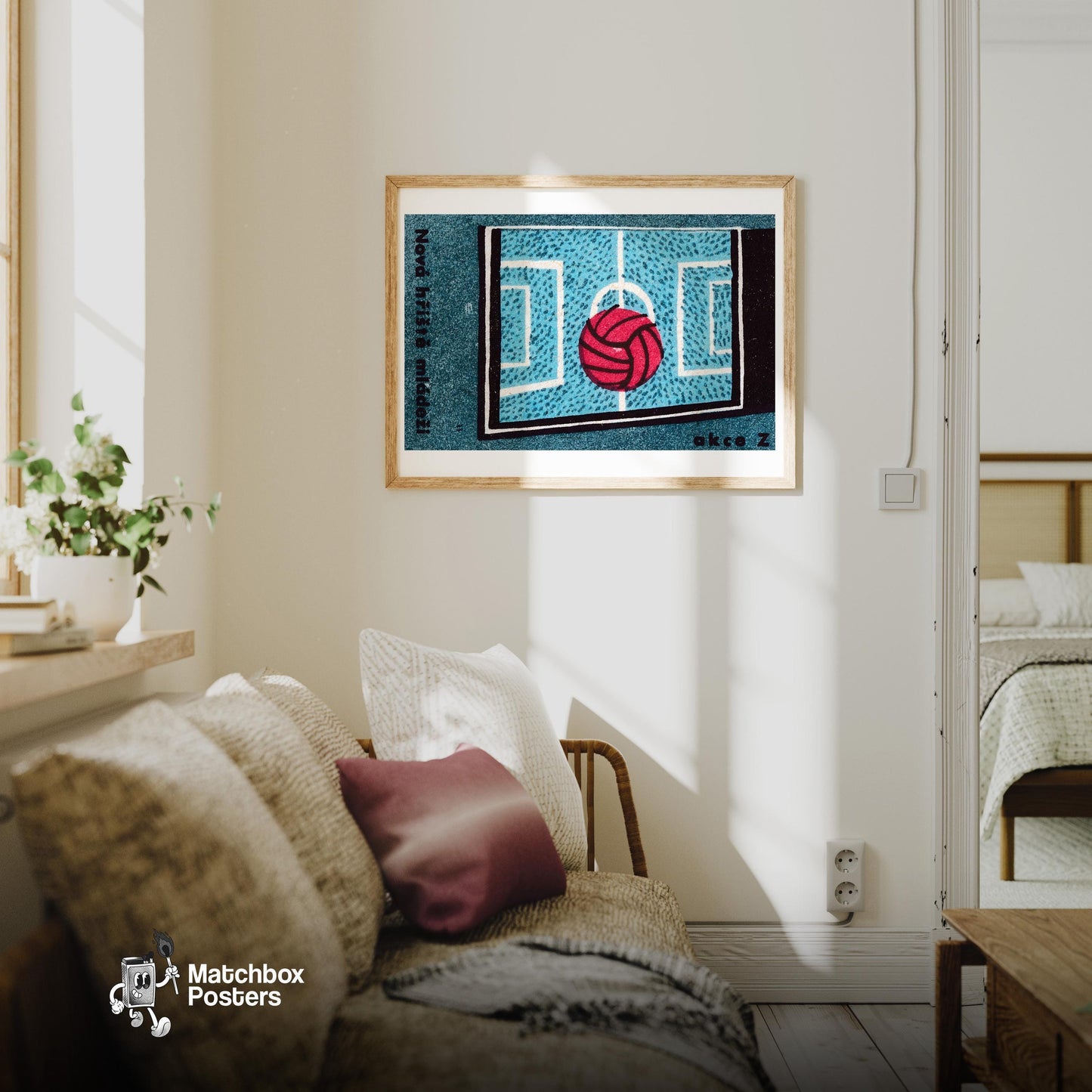 Red Volleyball - vintage matchbox label print - living room mockup