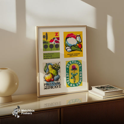 Yellow & Greens Grid Print - vintage matchbox label print - bedroom mockup