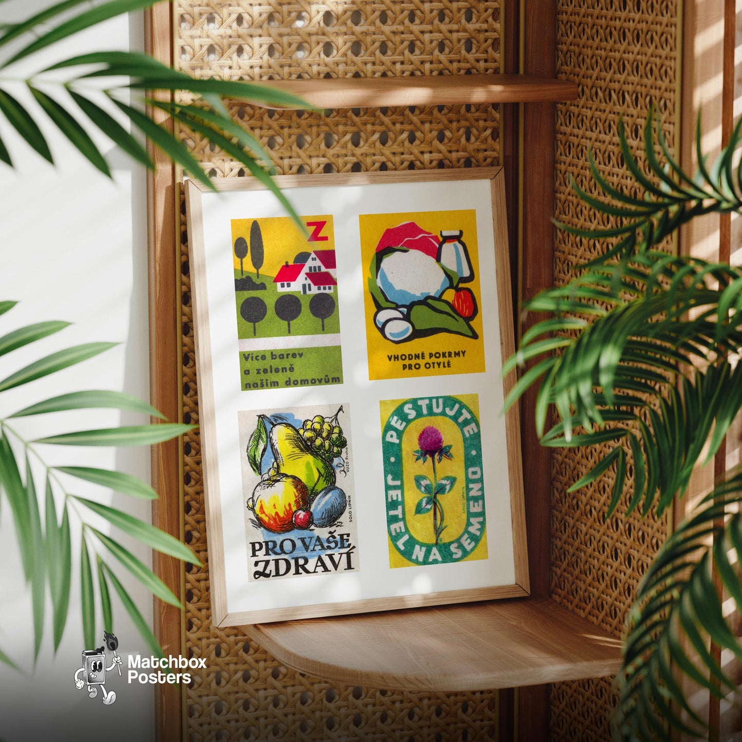 Yellow & Greens Grid Print - vintage matchbox label print - size comparison