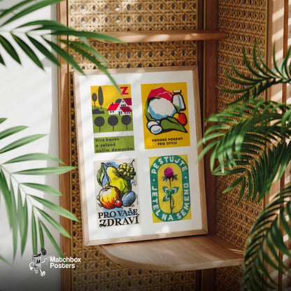Yellow & Greens Grid Print - vintage matchbox label print - size comparison