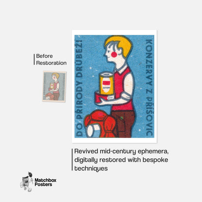 Boy with Canned Food - vintage matchbox label print - framed wall art preview