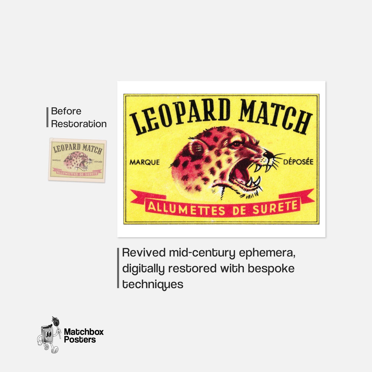 Roaring Leopard - vintage matchbox label print - framed wall art preview