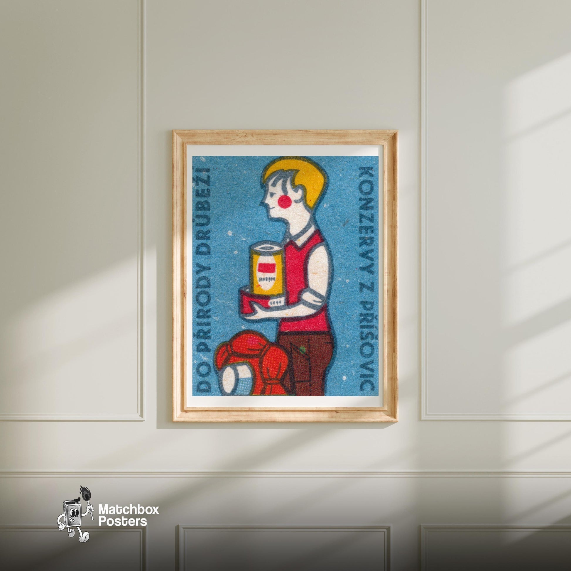 Boy with Canned Food - vintage matchbox label print - bedroom mockup