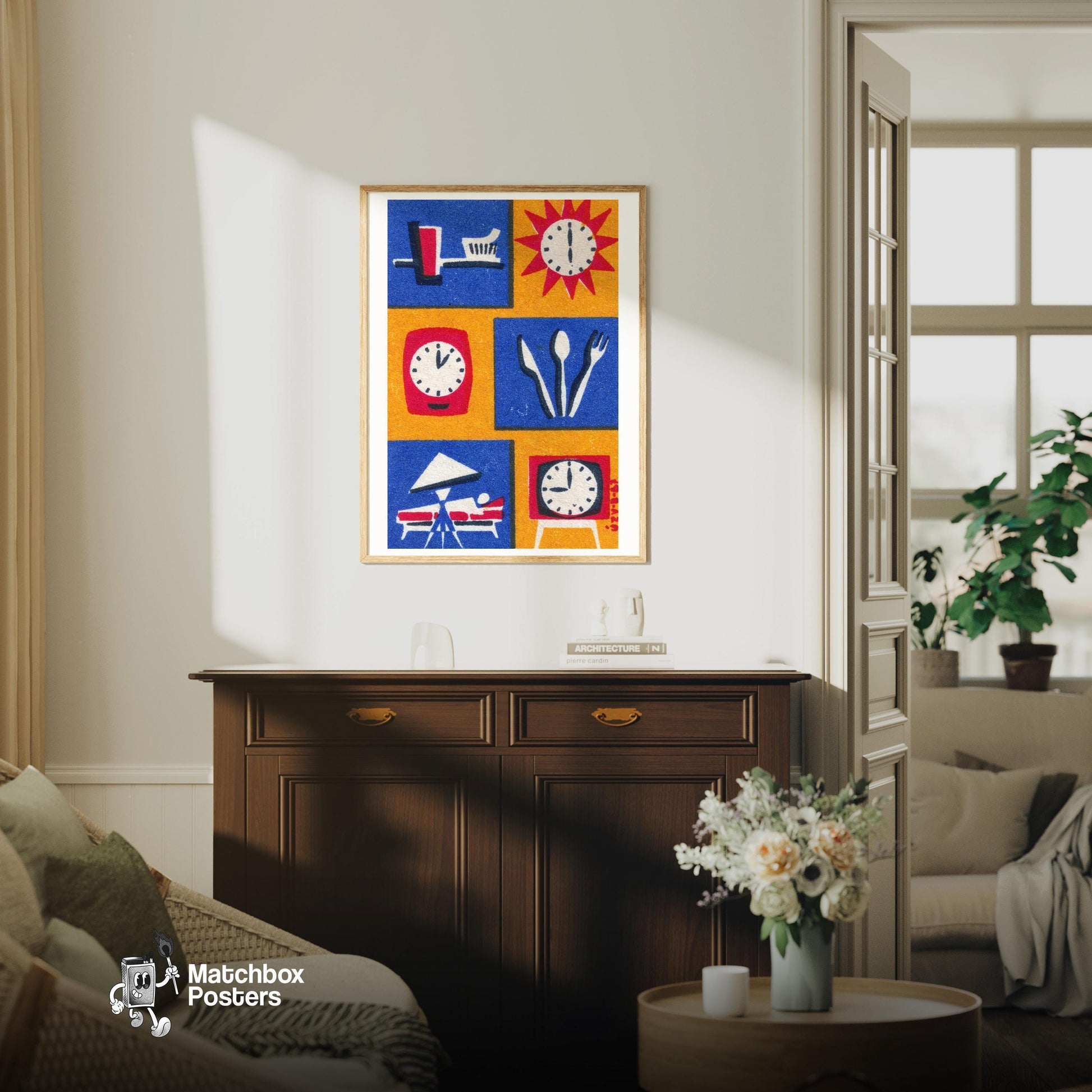 Daily Routine Symbols - vintage matchbox label print - living room mockup