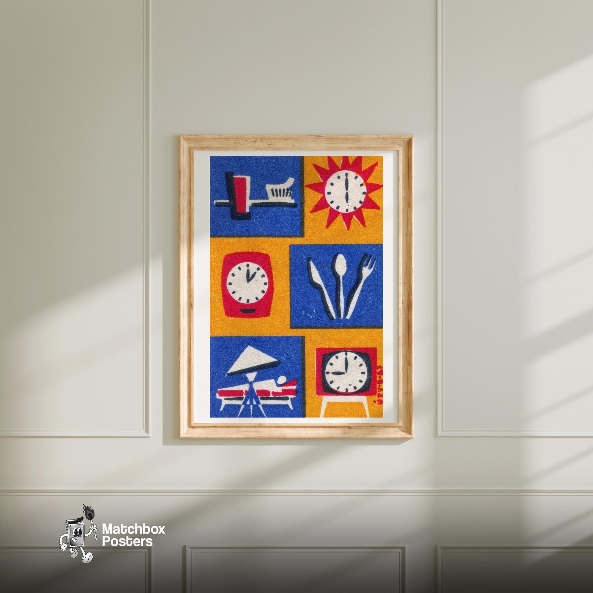 Daily Routine Symbols - vintage matchbox label print - bedroom mockup