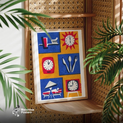 Daily Routine Symbols - vintage matchbox label print - office wall