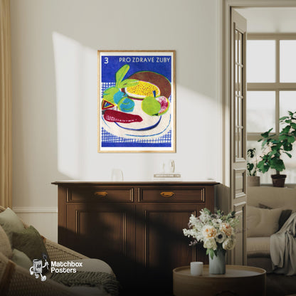 Plate of Fruits - vintage matchbox label print - living room mockup