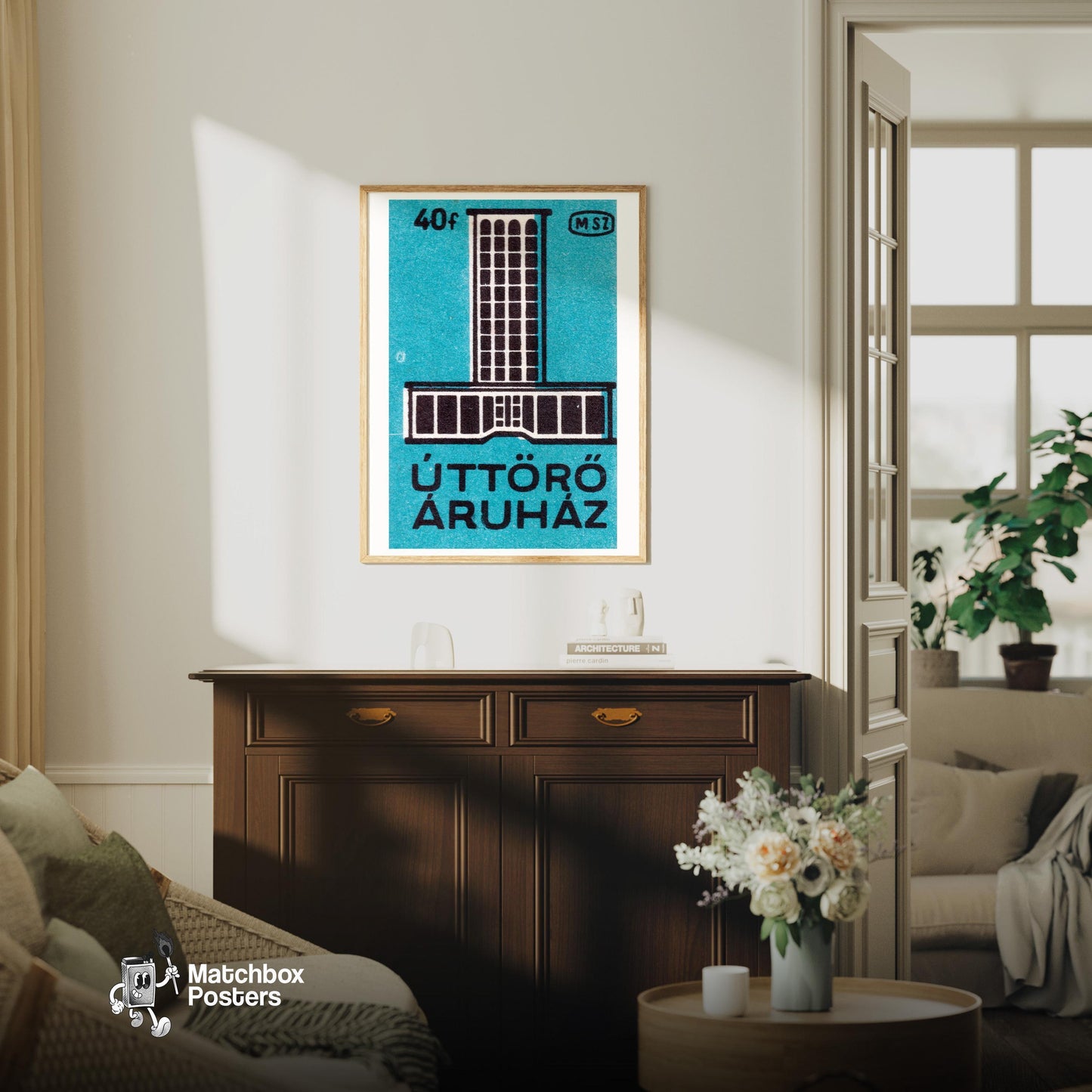 Modern Hotel - vintage matchbox label print - living room mockup