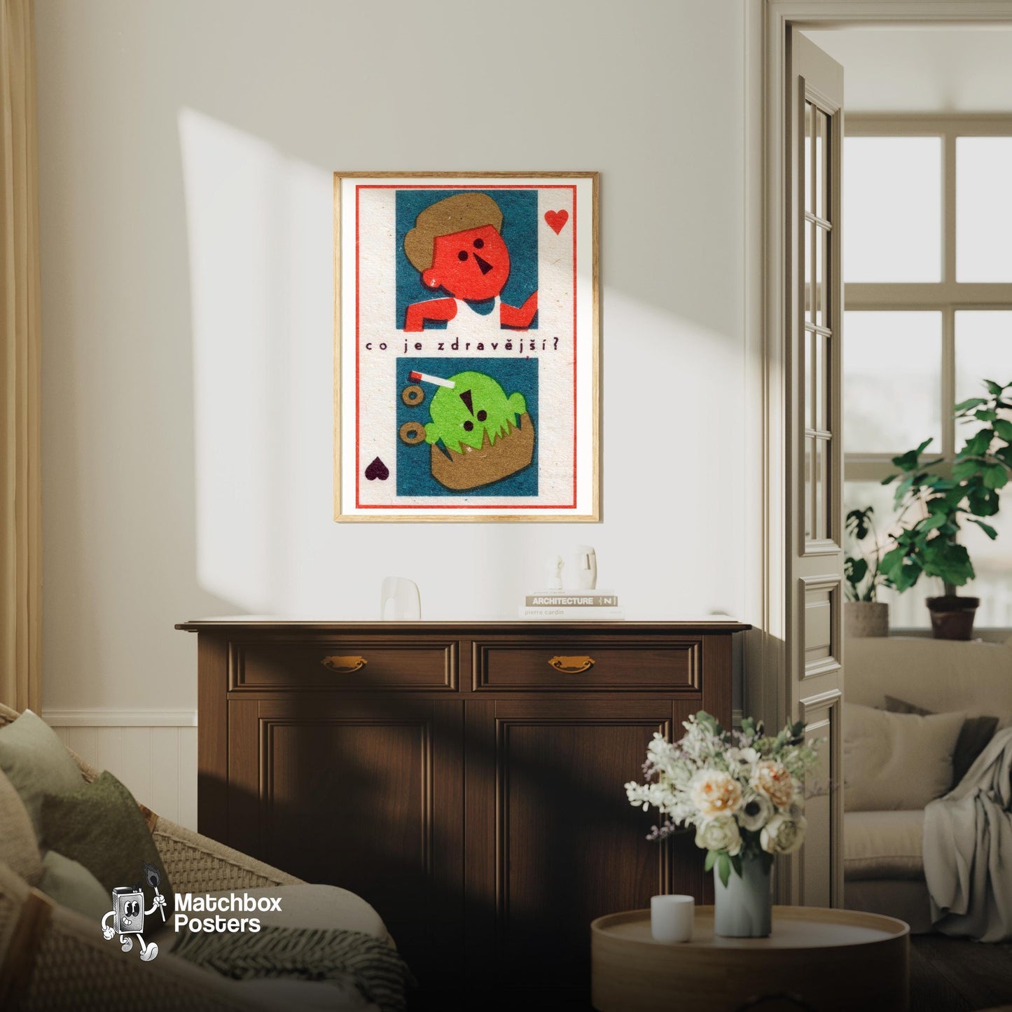 Playful Human - vintage matchbox label print - living room mockup