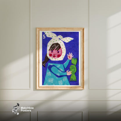 Girl with Candy - vintage matchbox label print - bedroom mockup