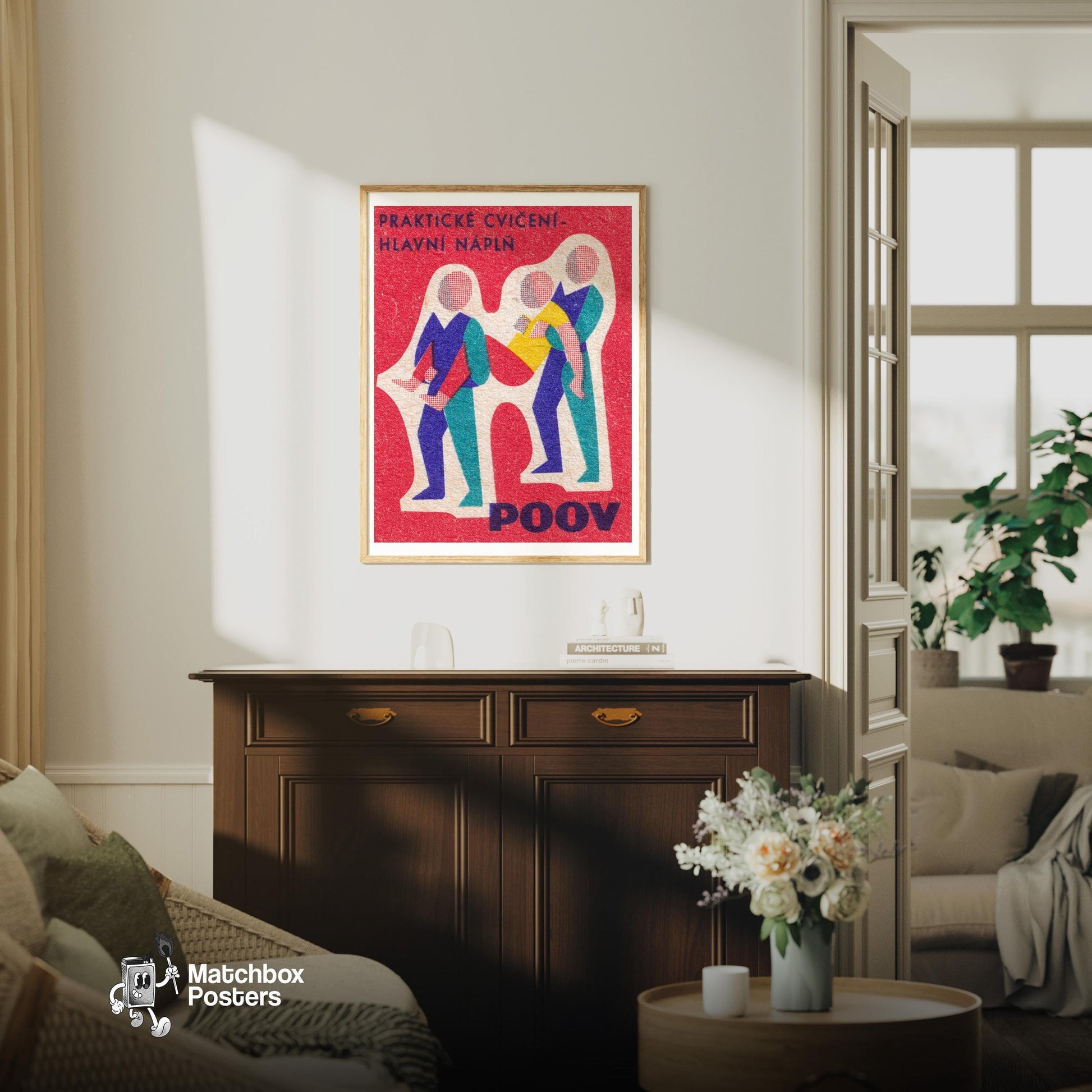 Exercise Figures - vintage matchbox label print - living room mockup