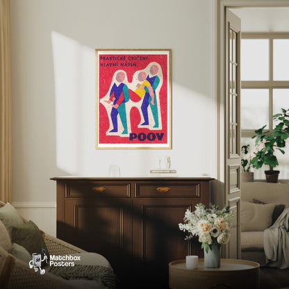 Exercise Figures - vintage matchbox label print - living room mockup