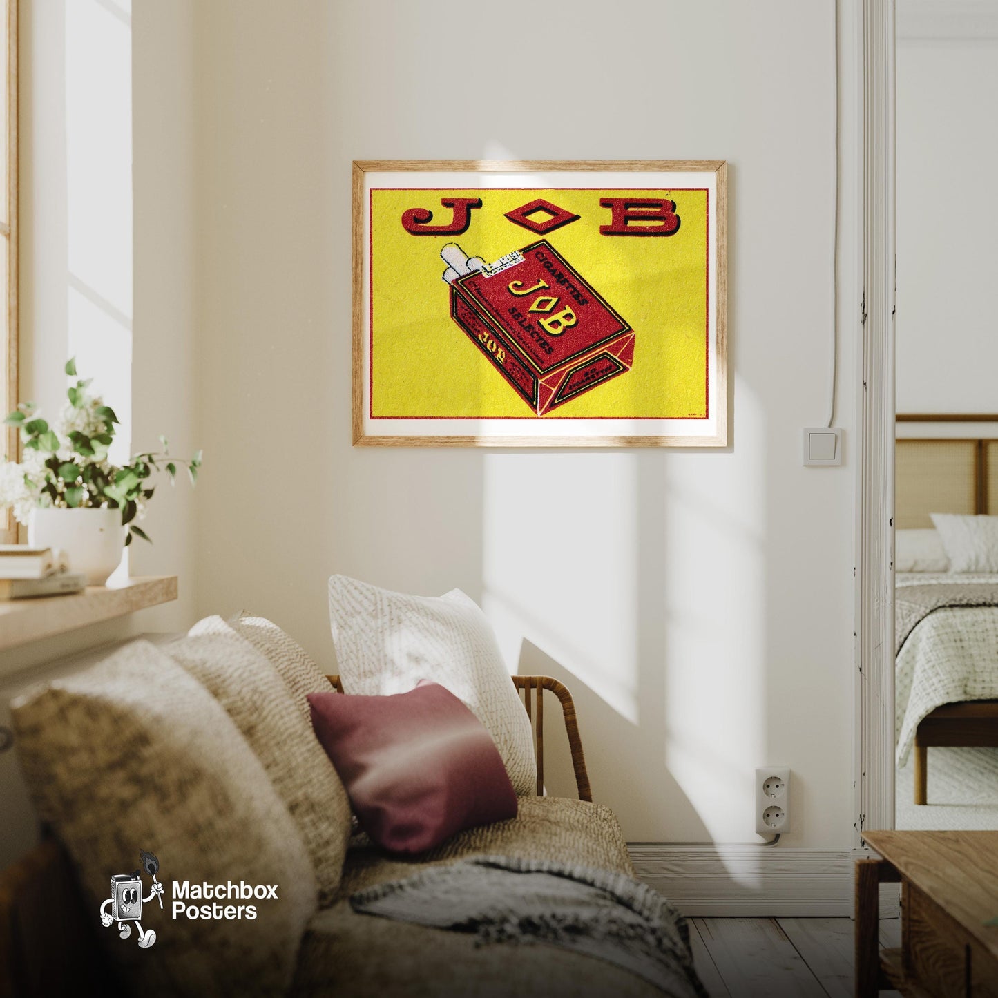 Red Job Cigarettes - vintage matchbox label print - living room mockup