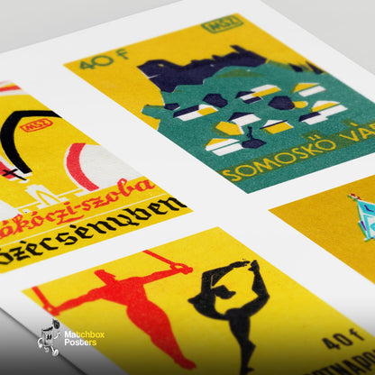 Yellow Hungarians Grid Print - vintage matchbox label print - close-up detail