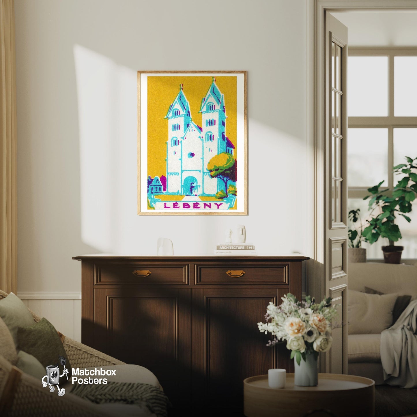 Blue Church - vintage matchbox label print - living room mockup