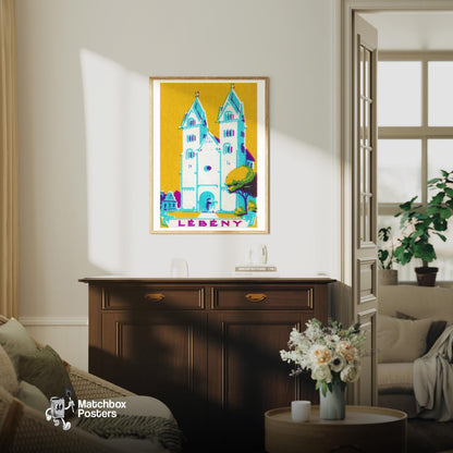 Blue Church - vintage matchbox label print - living room mockup