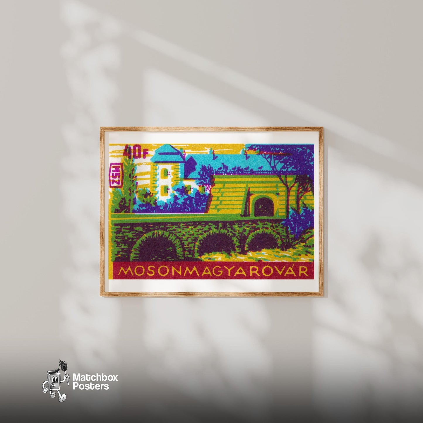 Countryside Town Bridge - vintage matchbox label print - bedroom mockup
