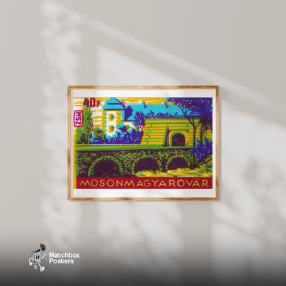 Countryside Town Bridge - vintage matchbox label print - bedroom mockup