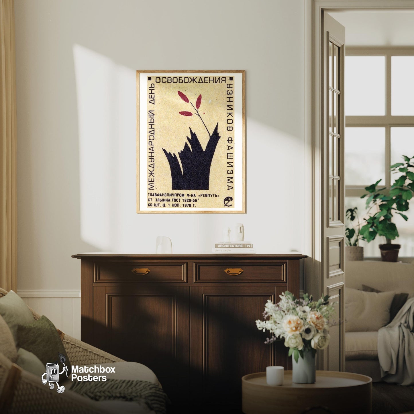 Defeat of Fascism - vintage matchbox label print - living room mockup
