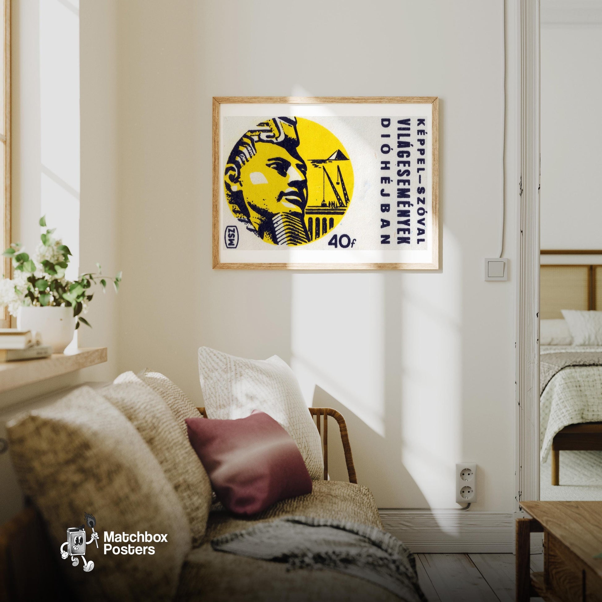 Sphinx Head - vintage matchbox label print - living room mockup