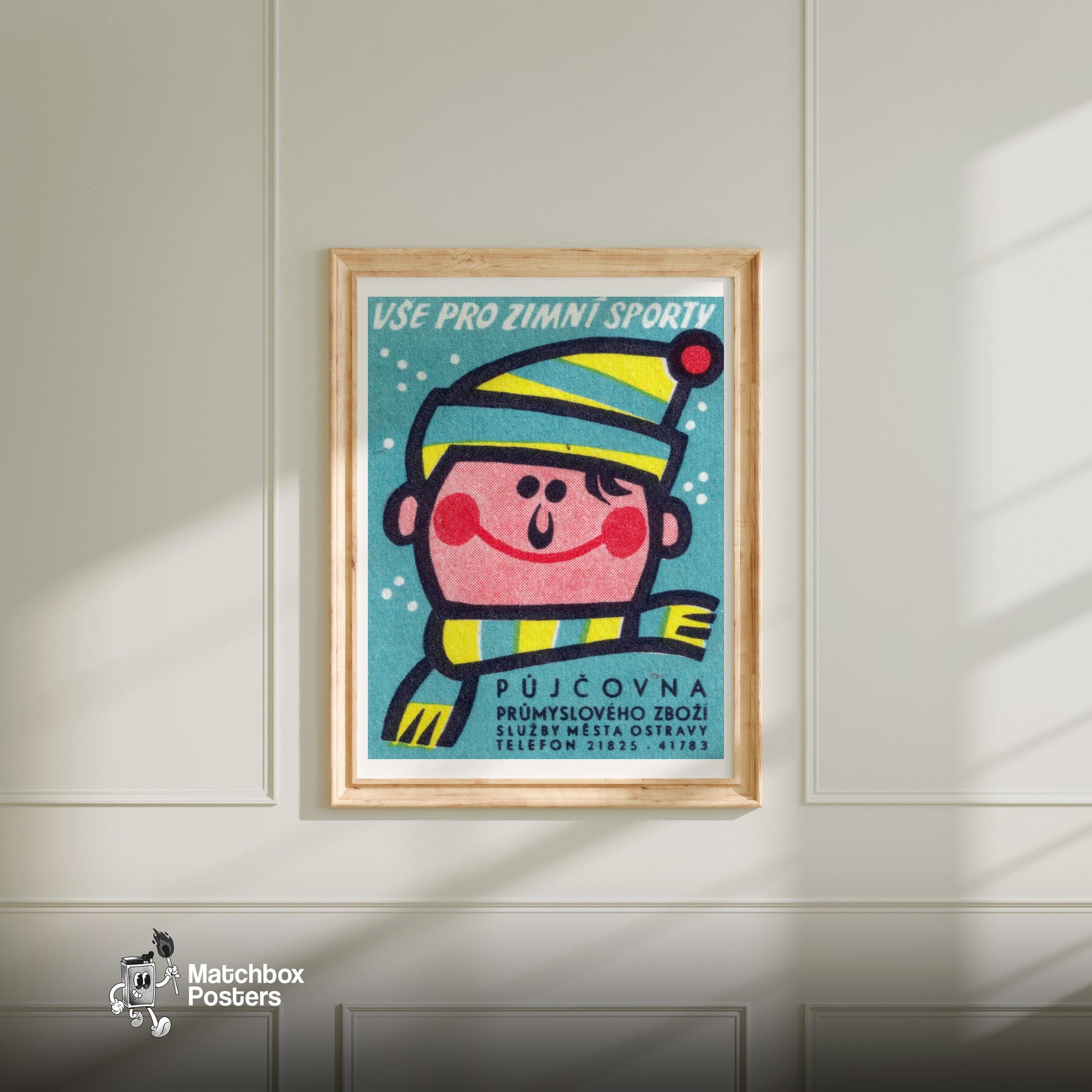 Man in Beanie and Scarf - vintage matchbox label print - bedroom mockup