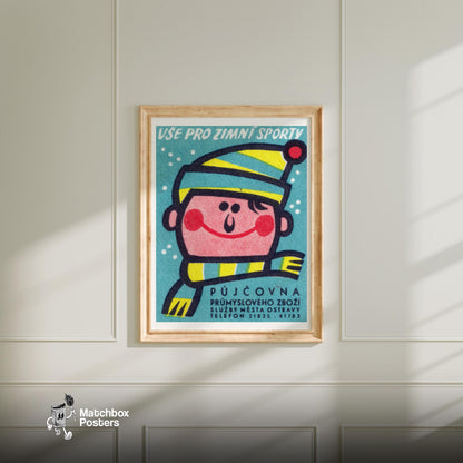 Man in Beanie and Scarf - vintage matchbox label print - bedroom mockup