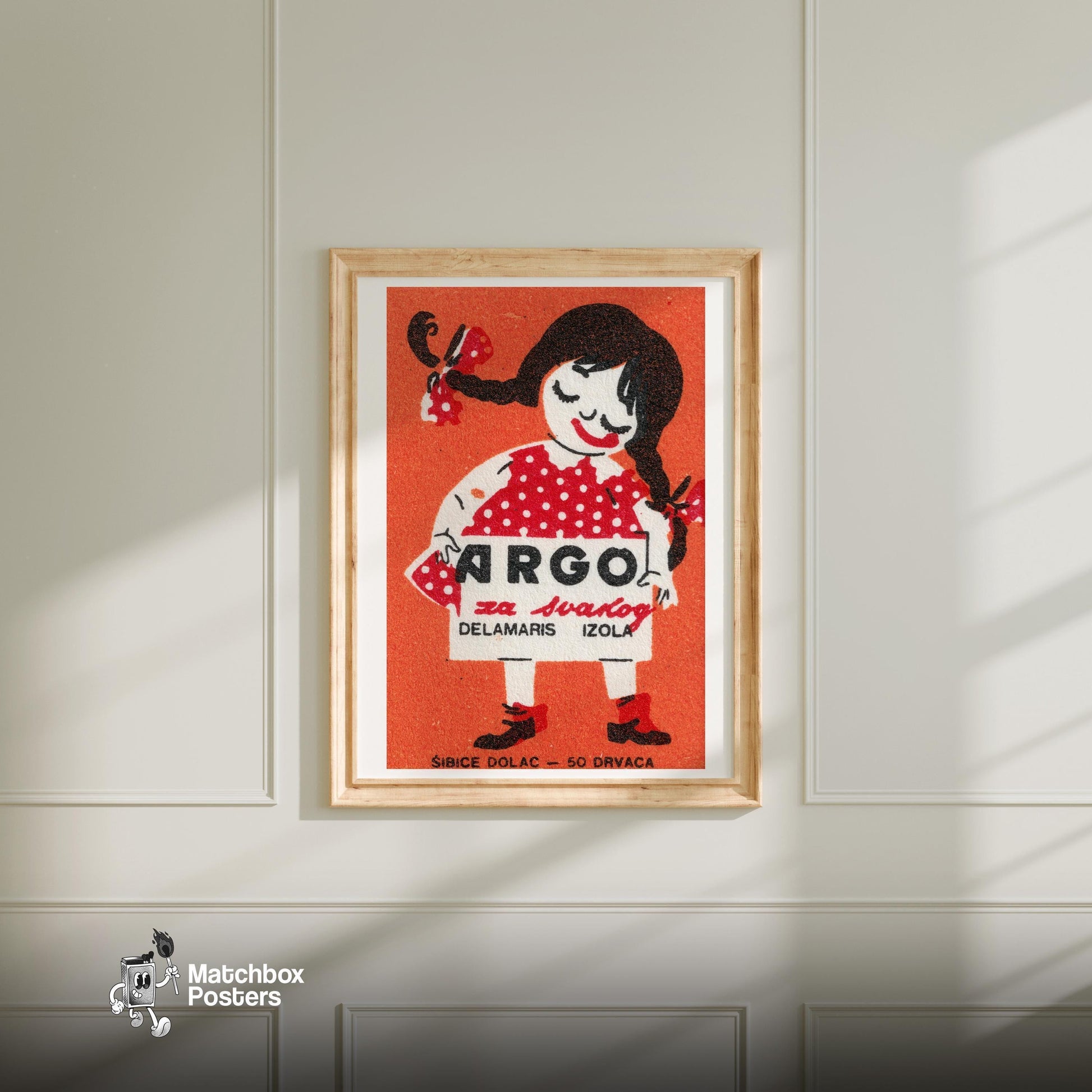 Girl in Red Dress - vintage matchbox label print - bedroom mockup