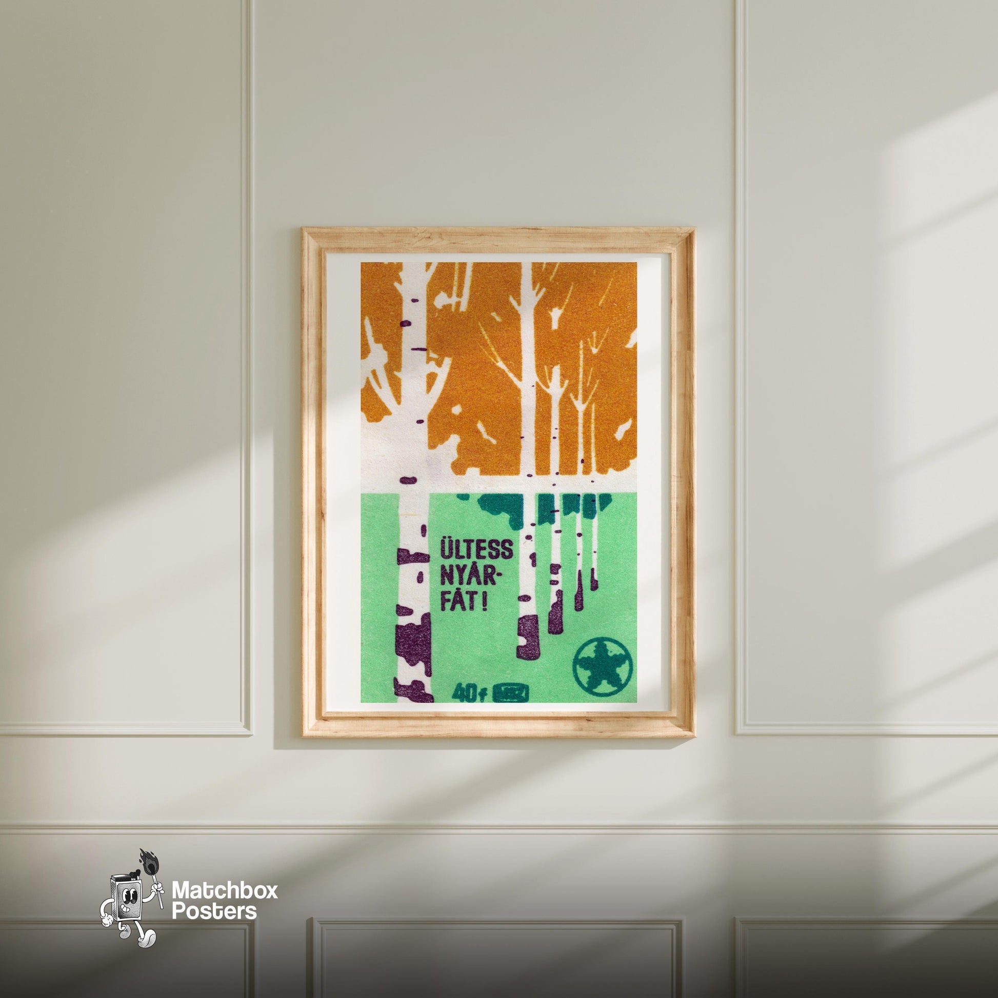Birch Trees - vintage matchbox label print - bedroom mockup