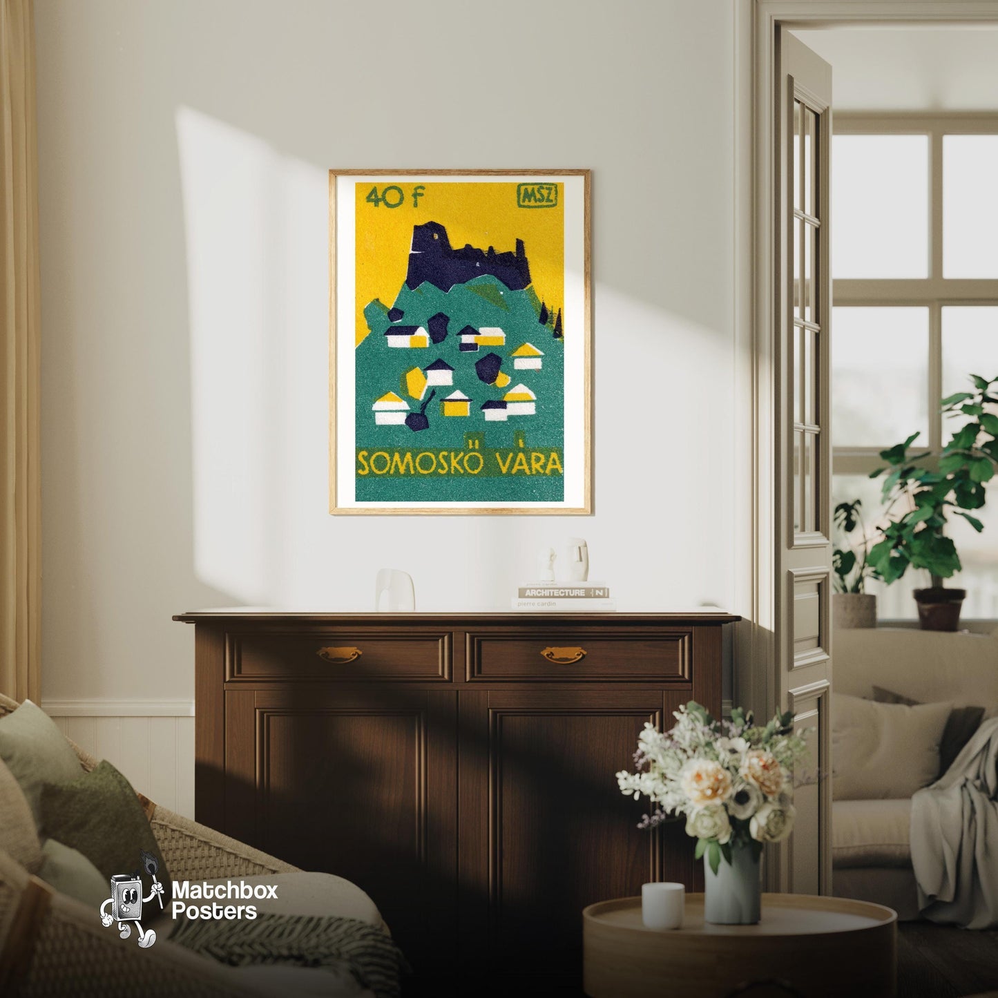 Castle on Hill - vintage matchbox label print - living room mockup